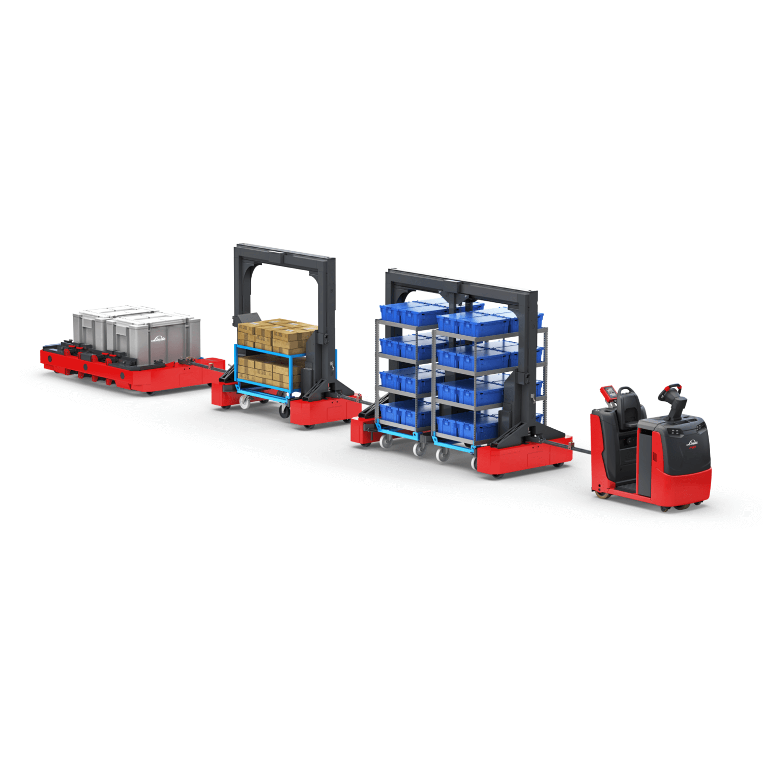 Logistieke trein met elektrische trekker P60C en LT-BM LT-B en LT-C trolleys