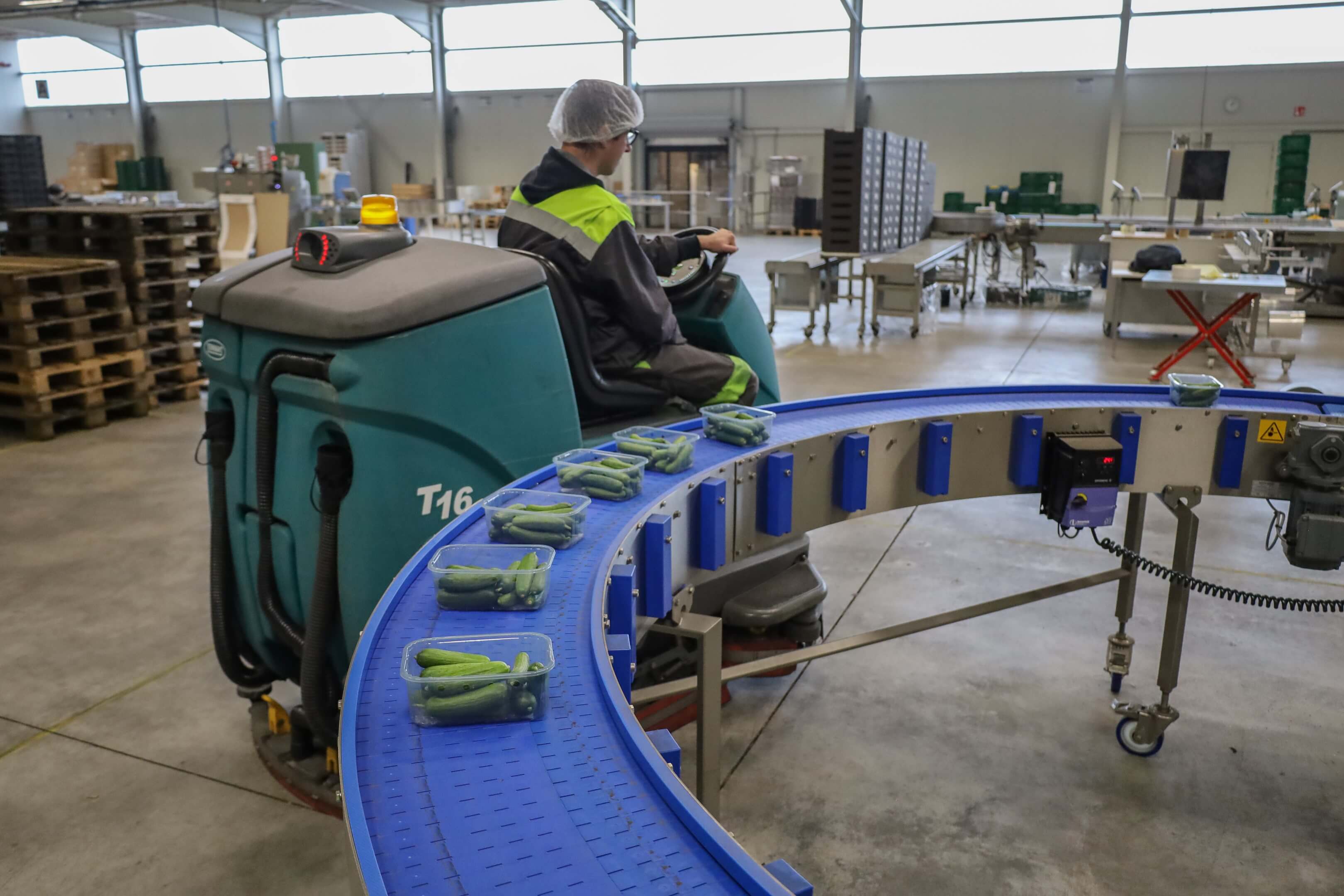 Tennant T16 schrobzuigmachine naast lopende band komkommers